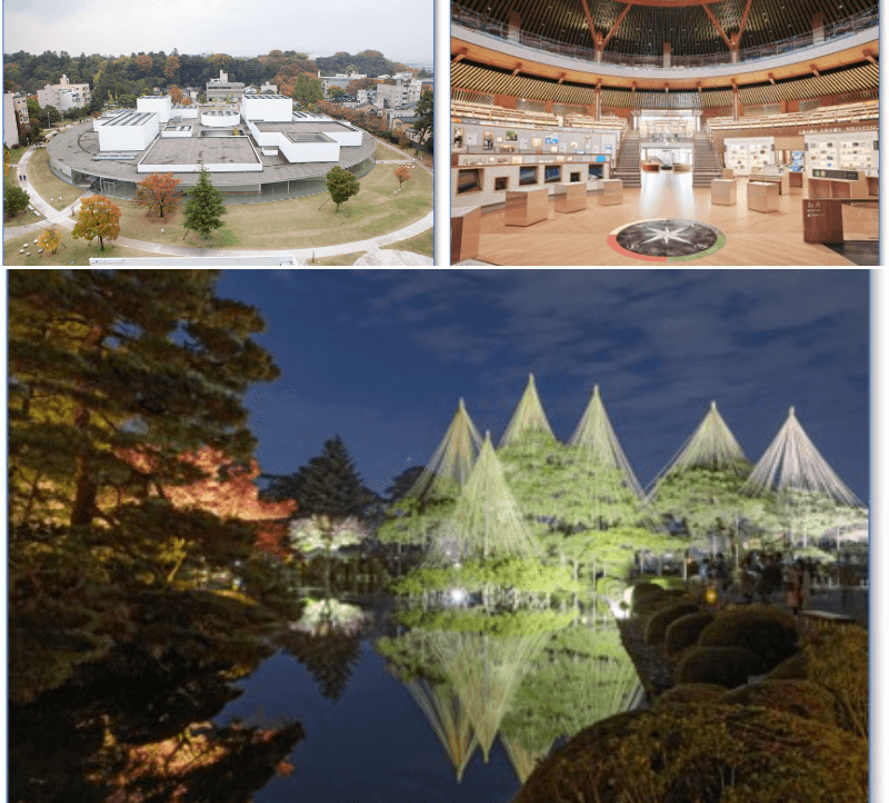 金沢21世紀美術館。石川県立図書館。雪吊りの兼六園