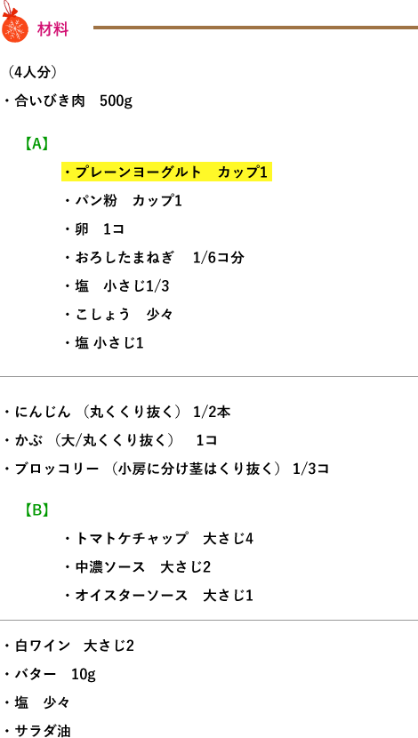 材料 （4人分）・合いびき肉 500g・白ワイン 大さじ2・バター 10g・塩 少々・サラダ【A】・プレーンヨーグルト カップ1・パン粉 カップ1・卵 1コ・おろしたまねぎ 1/6コ分・塩 小さじ1/3・こしょう 少々・塩 小さじ1・にんじん （丸くくり抜く） 1/2本・かぶ （大/丸くくり抜く） 1コ・ブロッコリー （小房に分け茎はくり抜く） 1/3コ【B】・トマトケチャップ 大さじ4・中濃ソース 大さじ2・オイスターソース 大さじ1