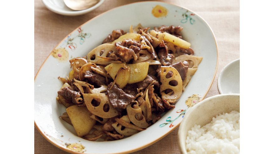 じゃがごぼれんこんと牛肉のオイスター炒め