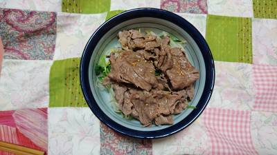 もやしと牛肉のごまポン酢丼