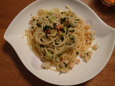 春キャベツとえびのパスタ 柚子こしょう風味