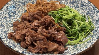 牛ごぼうと豆苗のすき焼き風